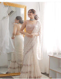 Latest White Color Embroidery With Real Mirror Hand Work Saree