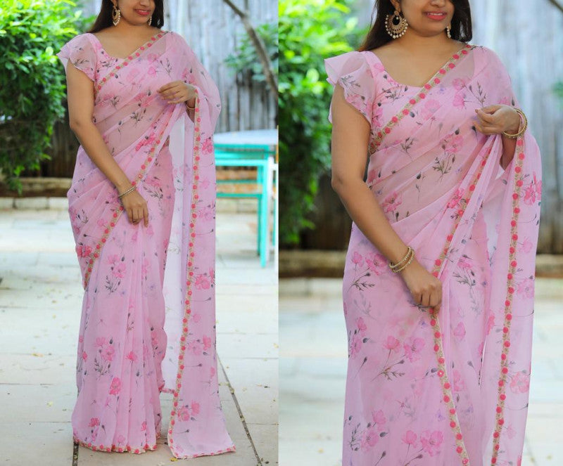 Pink Chikankari Work Pure Organza Saree – Organza Mall