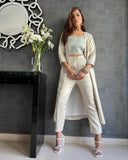 Latest Western Style Creamy White Crop Top With Pant And Shrug Set