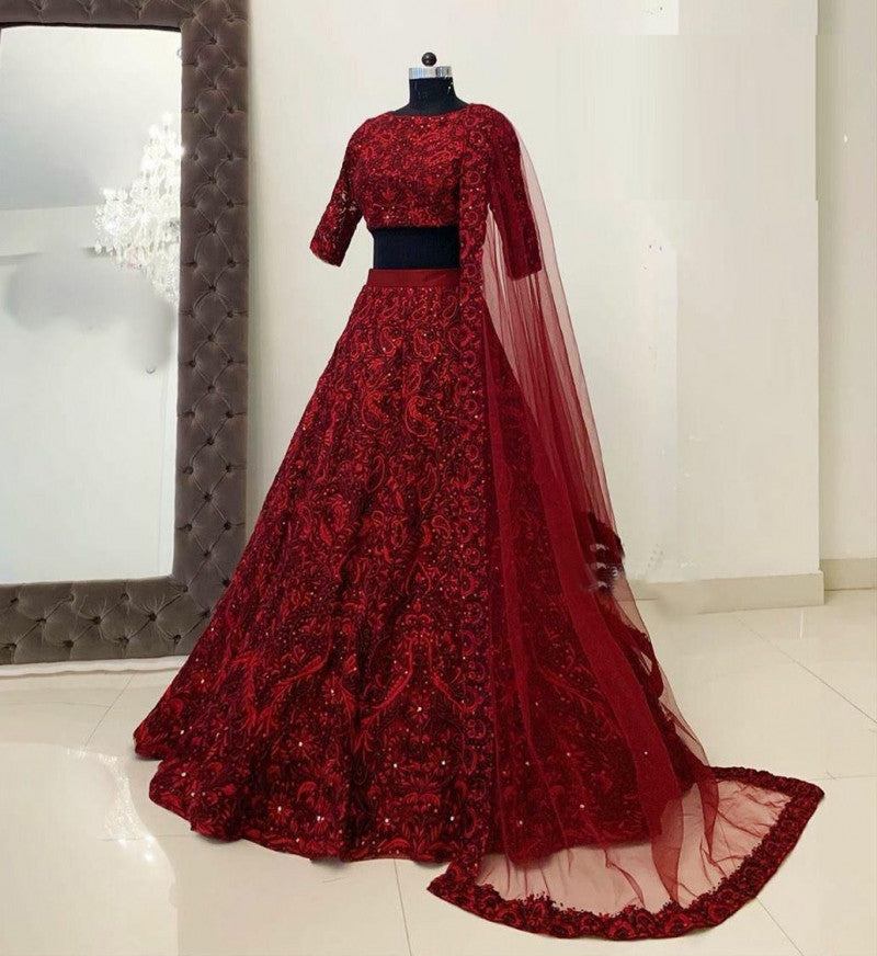 Stunning Red Embroidery Work Lehenga Choli For Wedding