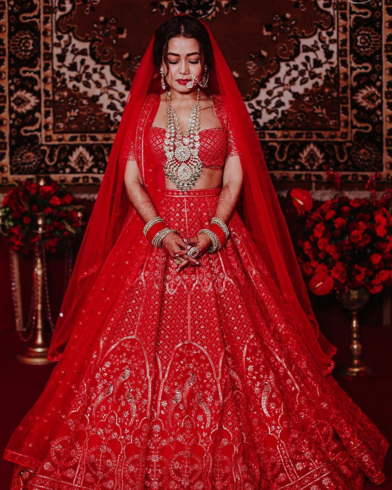 Classy Red colored Heavy Embroidered Bridal Lehenga Set - Rent