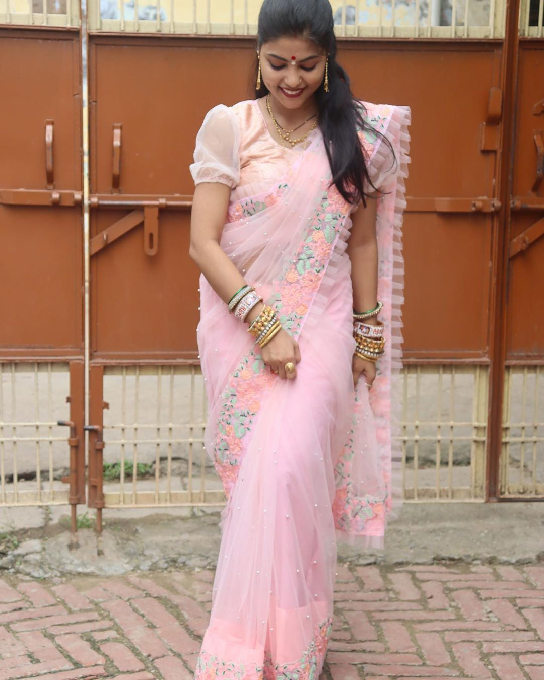 Baby Pink Color Zari And Beads Work Georgette Base Saree