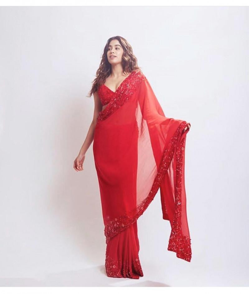 Mind Blowing Jhanvi Kapoor Designer Red Georgette Embroidery work Saree