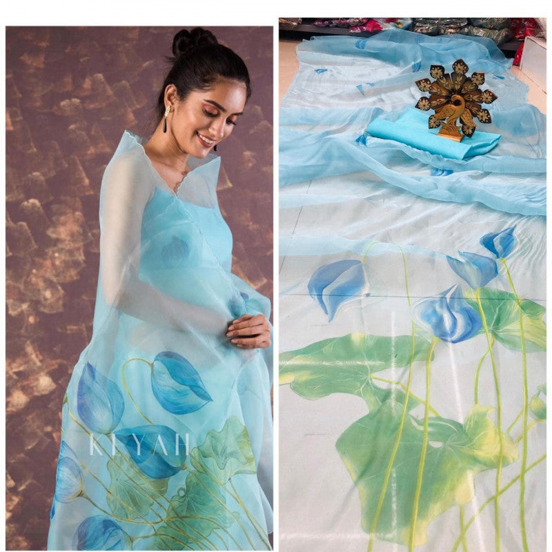 Blue Chic & Stylish Printed Organza Saree