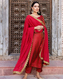 Casual Wear Red Jacquard Salwar Suit