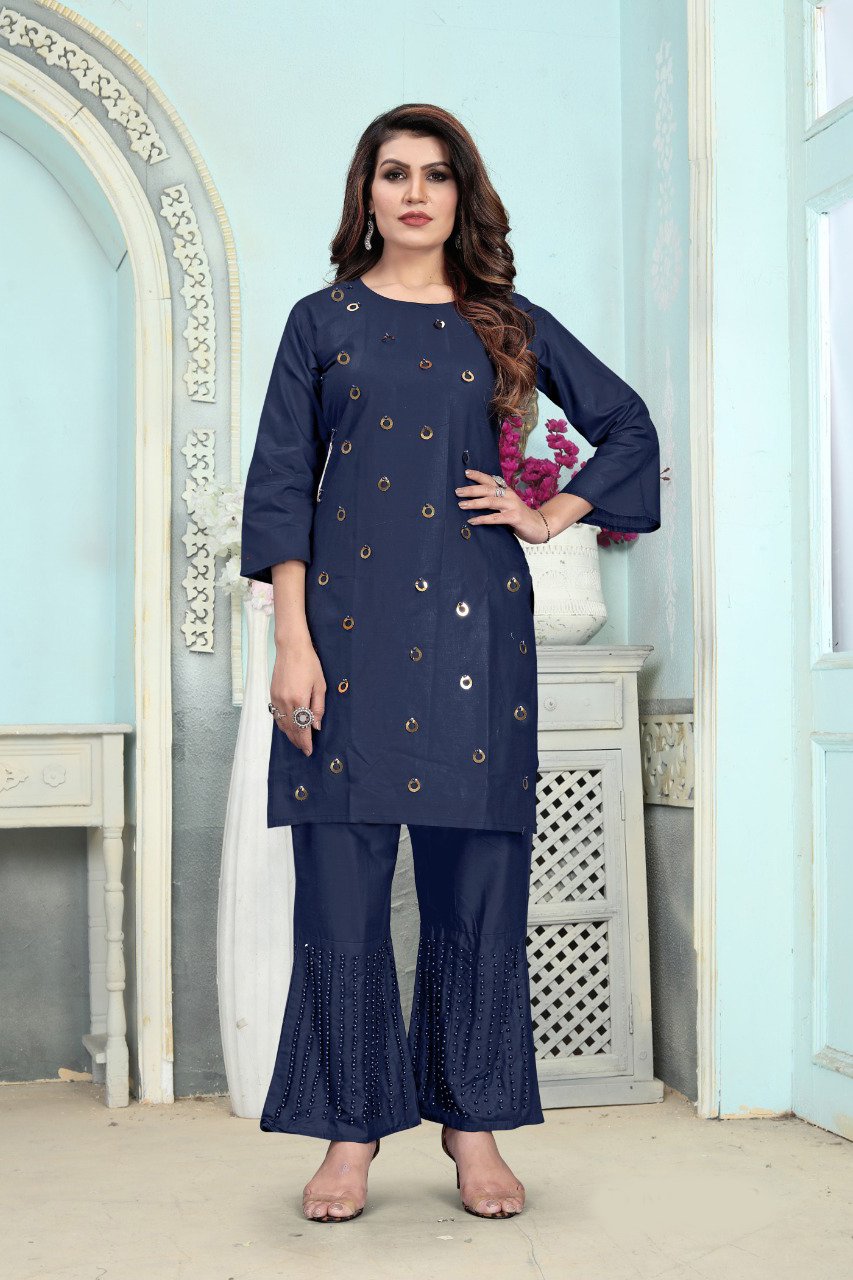 Women's Blue gold Printed Kurti Palazzo Set with Printed Pink Duptta ||  Party Wear - aarav collection - 3405610
