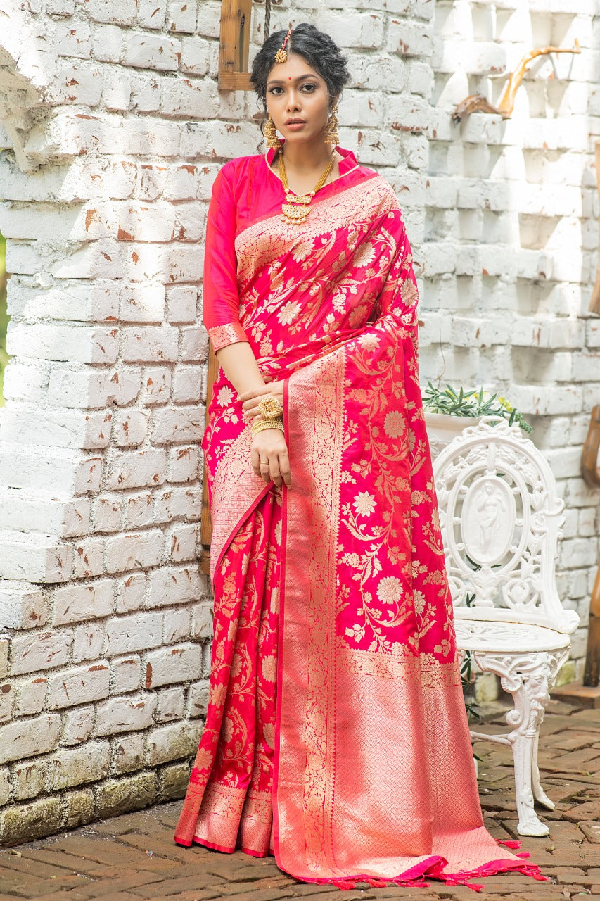 Pink Pure Banglori Raw Silk Weaving Saree - Cygnus Fashion
