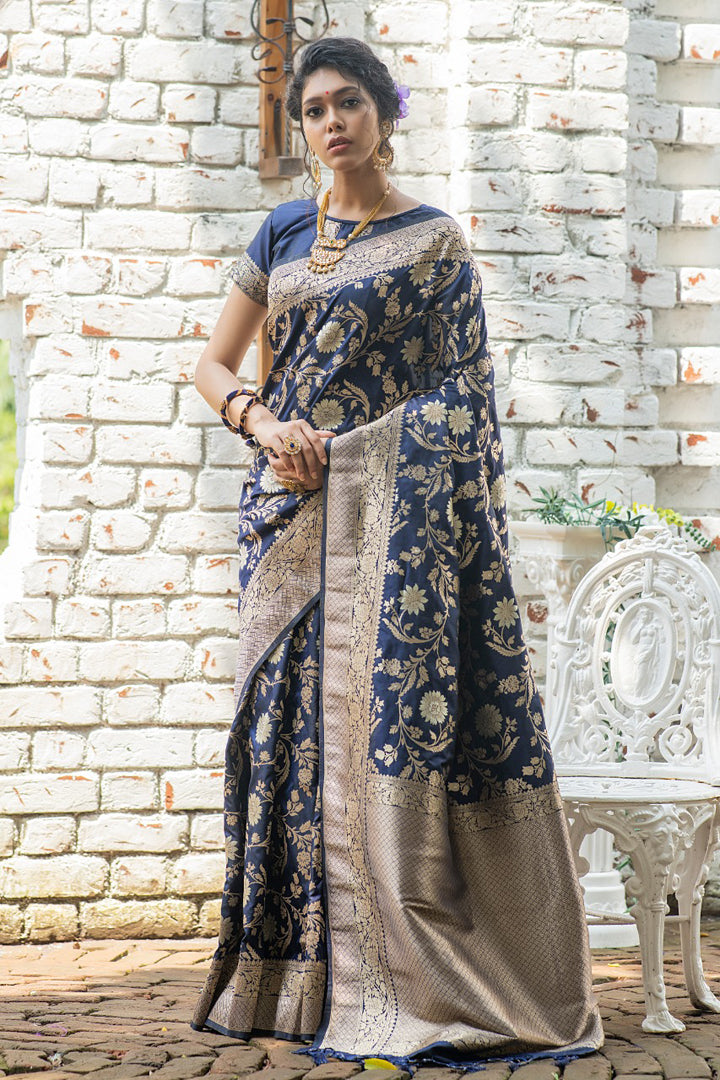 Blue Pure Banglori Blue Raw Silk Weaving Saree - Cygnus Fashion