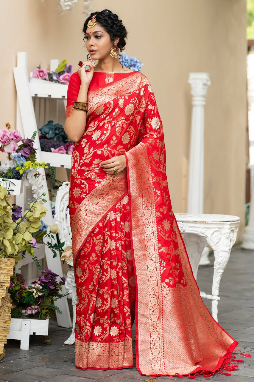 Red Pure Banglori Red Raw Silk Weaving Saree - Cygnus Fashion