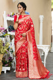 Red Pure Banglori Red Raw Silk Weaving Saree - Cygnus Fashion