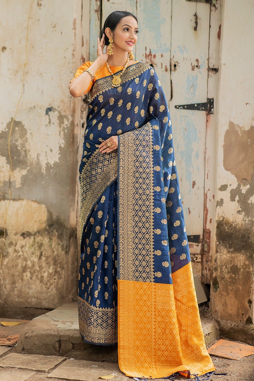 Royal Blue Raw Silk With Zari Woven Saree