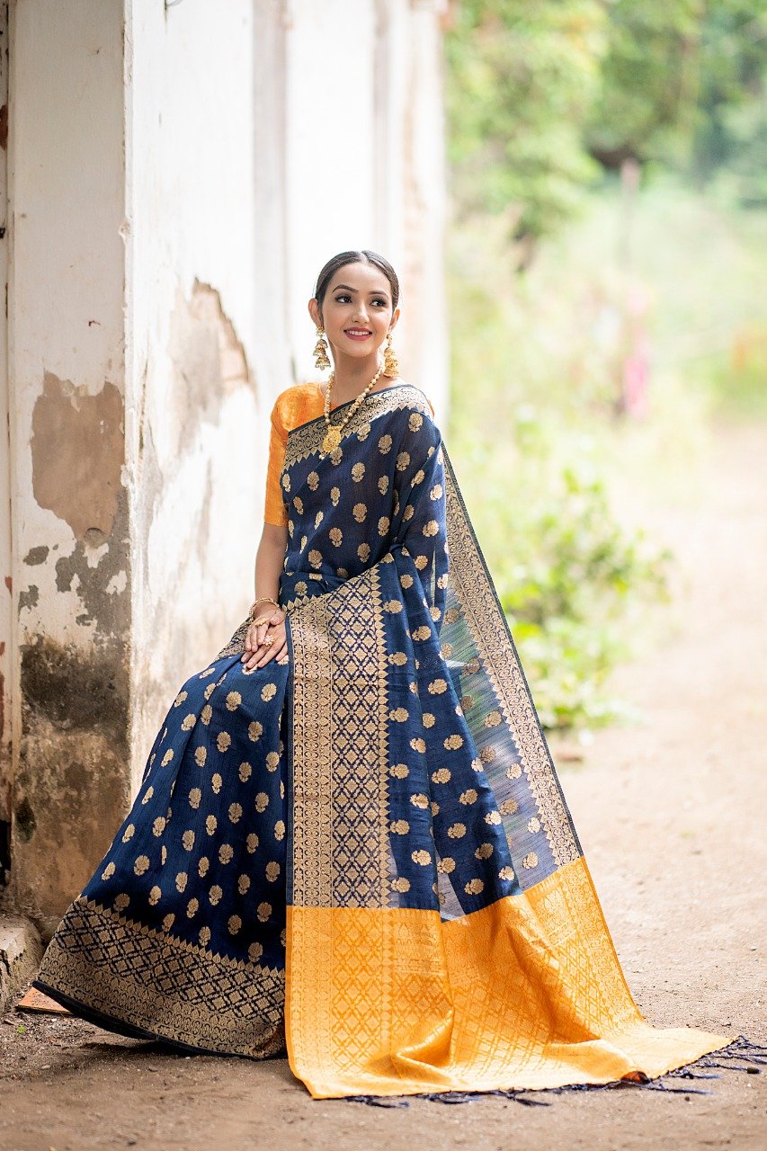 Royal Blue Raw Silk With Zari Woven Saree