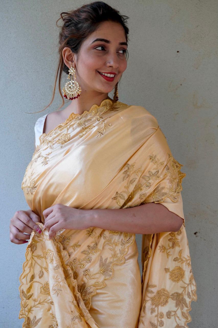 Beautiful Beige Colored Saree With Embroidery Worked