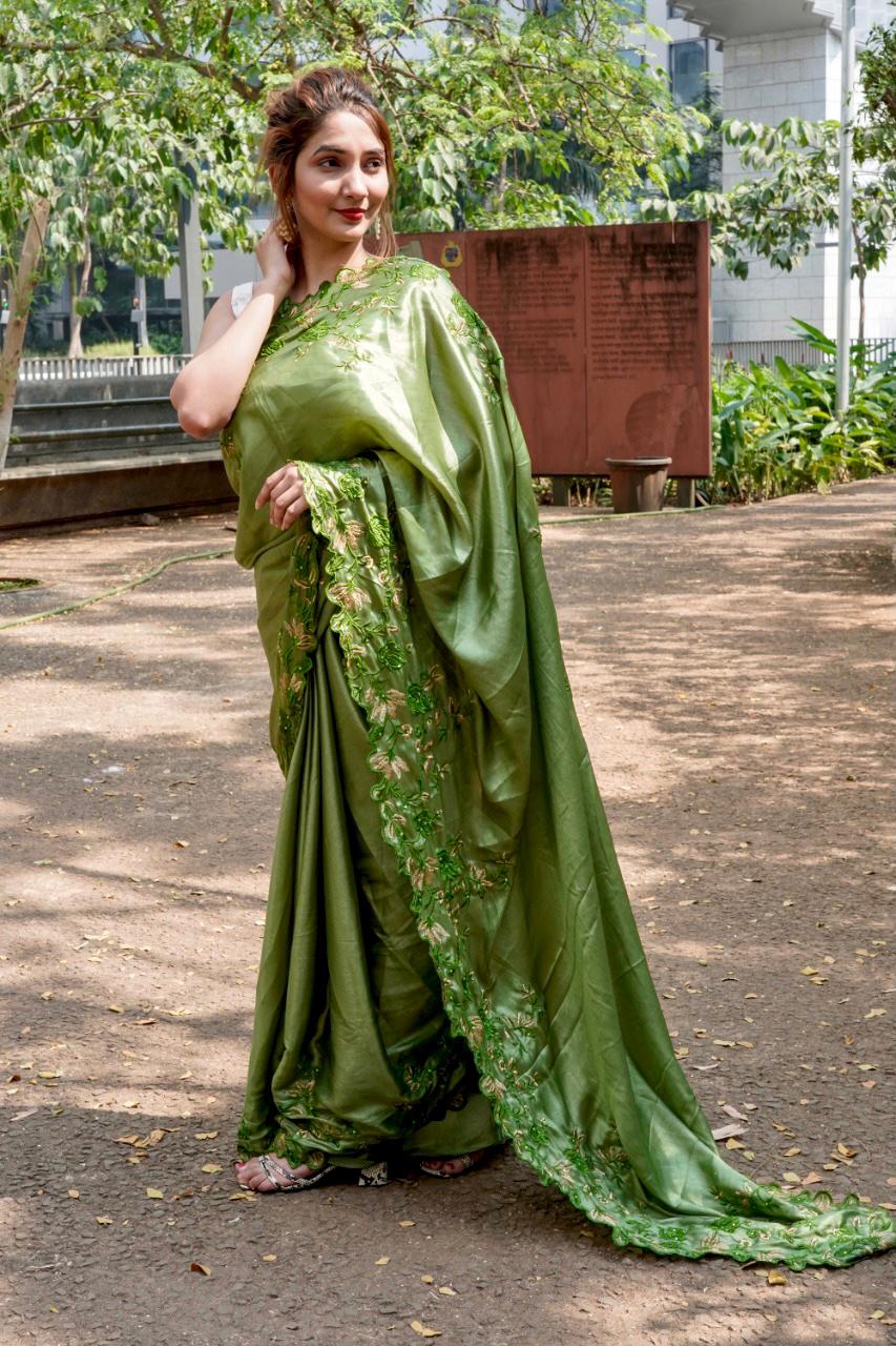 Gorgeous Green Color Satin Silk Saree With Designer Embroidery Work