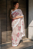 Off White With Red Flowers Viscose Thread Work Georgette Saree