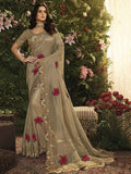 Beige Color Designer Party Wear Chiffon Saree With Heavy Embroidery Work