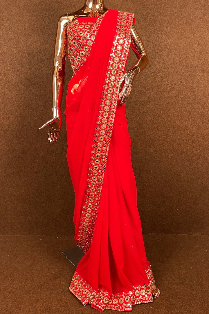 Heavy Embroidery With Real Mirror Work Georgette Saree For Party Wear