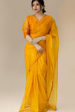 Fashion Yellow Organza Party Wear Saree With Hand work