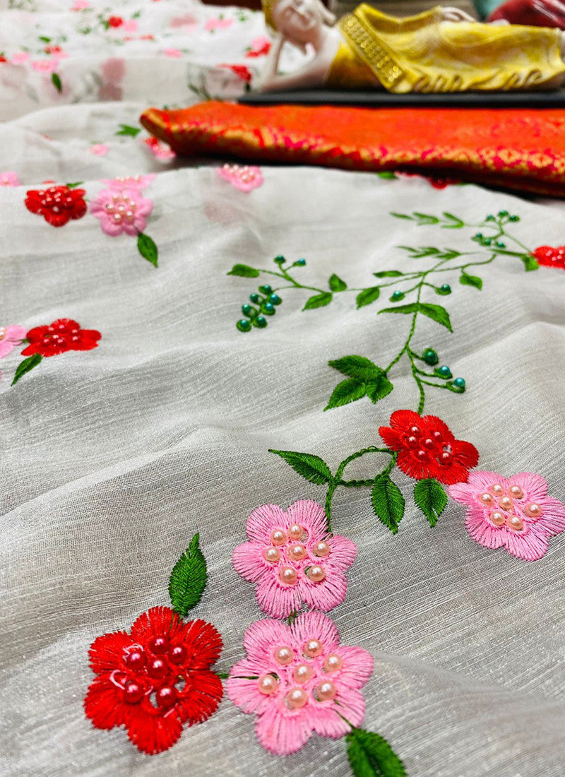 Khadi Orgenza White Multi threaded Embroidery Saree