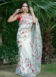 Orgenza White Multi threaded Embroidery Saree