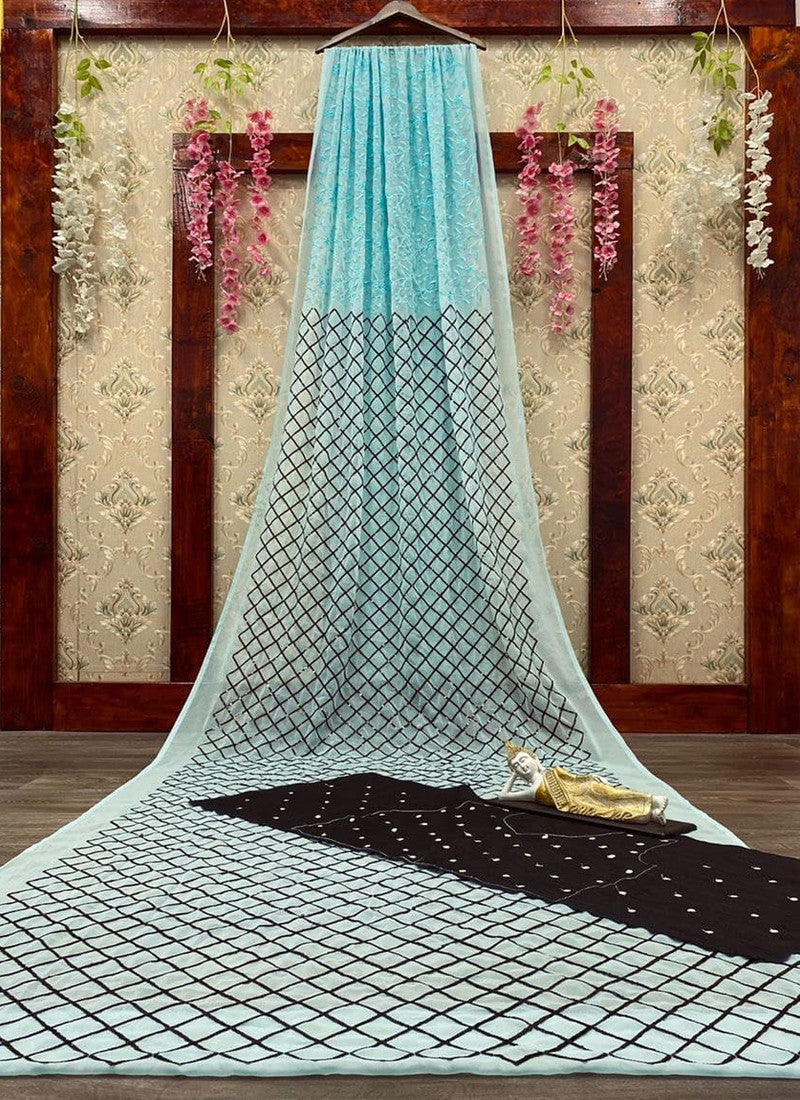 Designer Sky Blue Georgette Partywear Saree with Embrodery