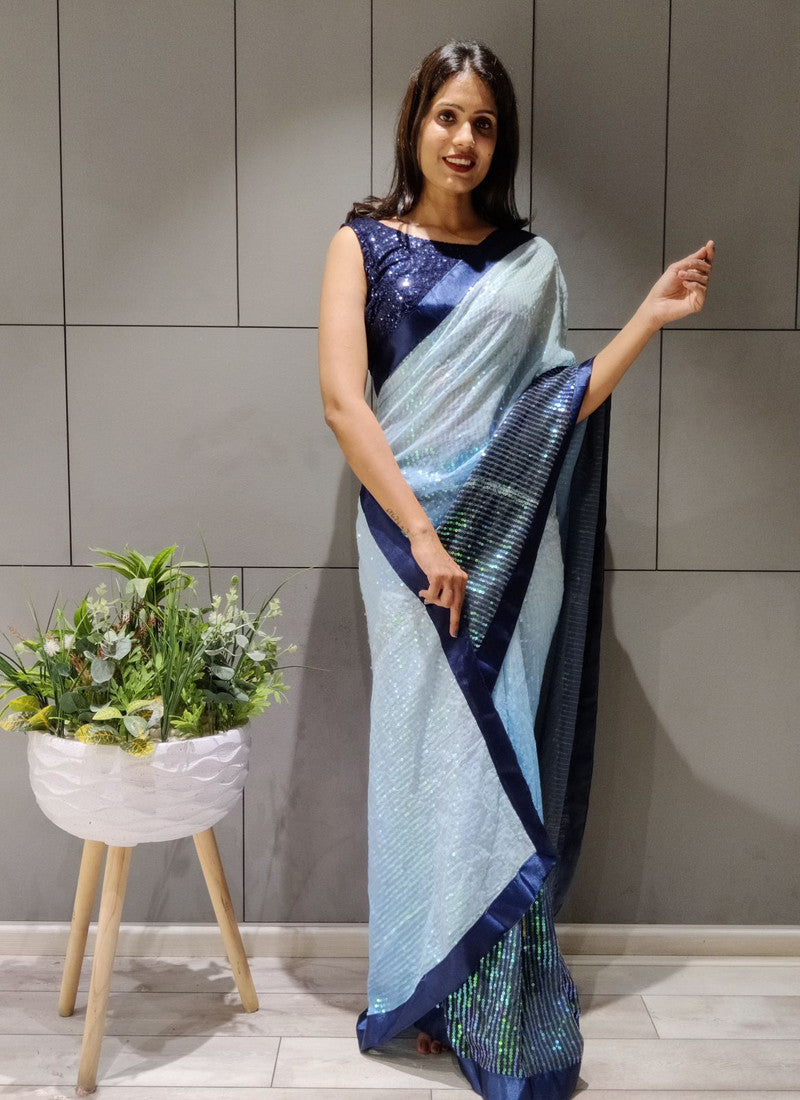 Buy Sky Blue Stonework Georgette Saree - Koskii