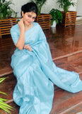 Sky Blue Lichi Silk Saree With Box Design