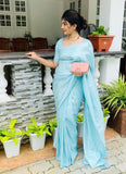 Sky Blue Lichi Silk Saree With Box Design