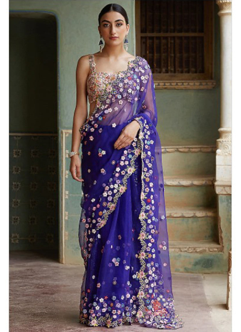 Stylish Blue Georgette Embroidered Saree