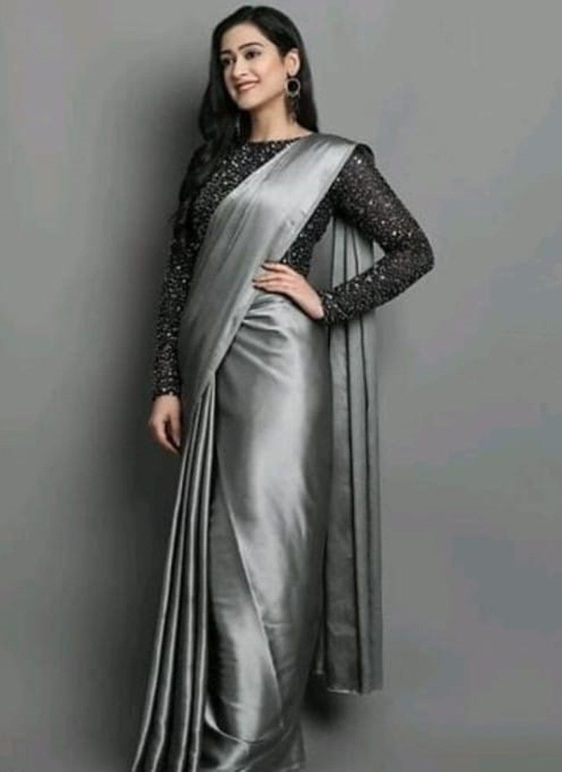 Grey Ultra Satin Saree with Velvet Blouse