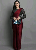 Maroon Ultra Satin Saree with Velvet Blouse