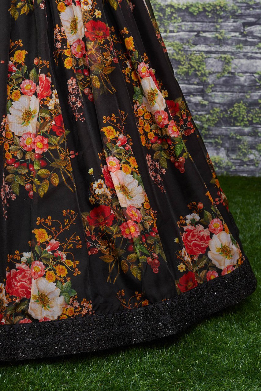 Party Wear Black Digital Floral Printed Semi Stitched Lehenga Choli With Dupatta