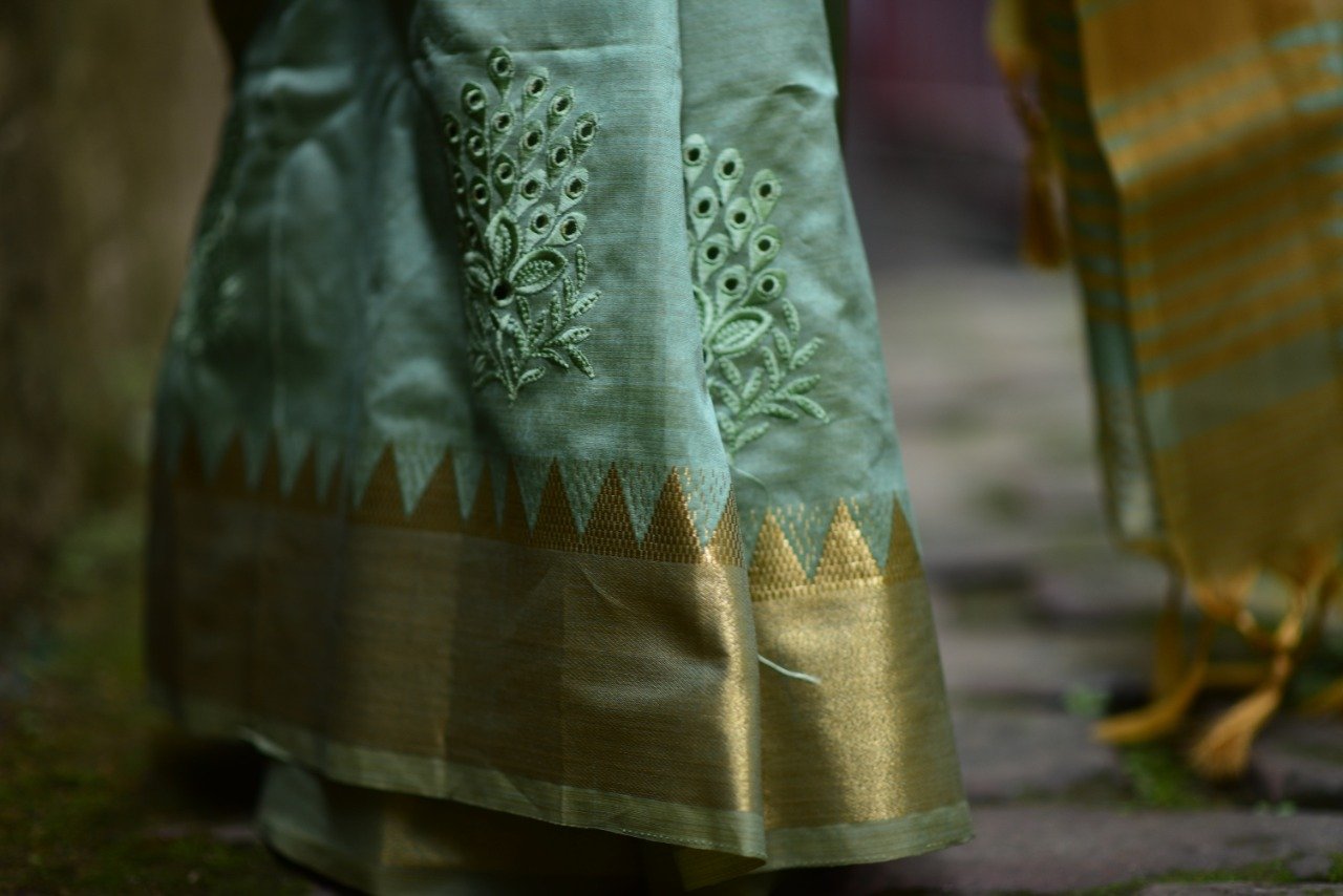 Striped Assam Silk Cotton Silk Embroidered Saree