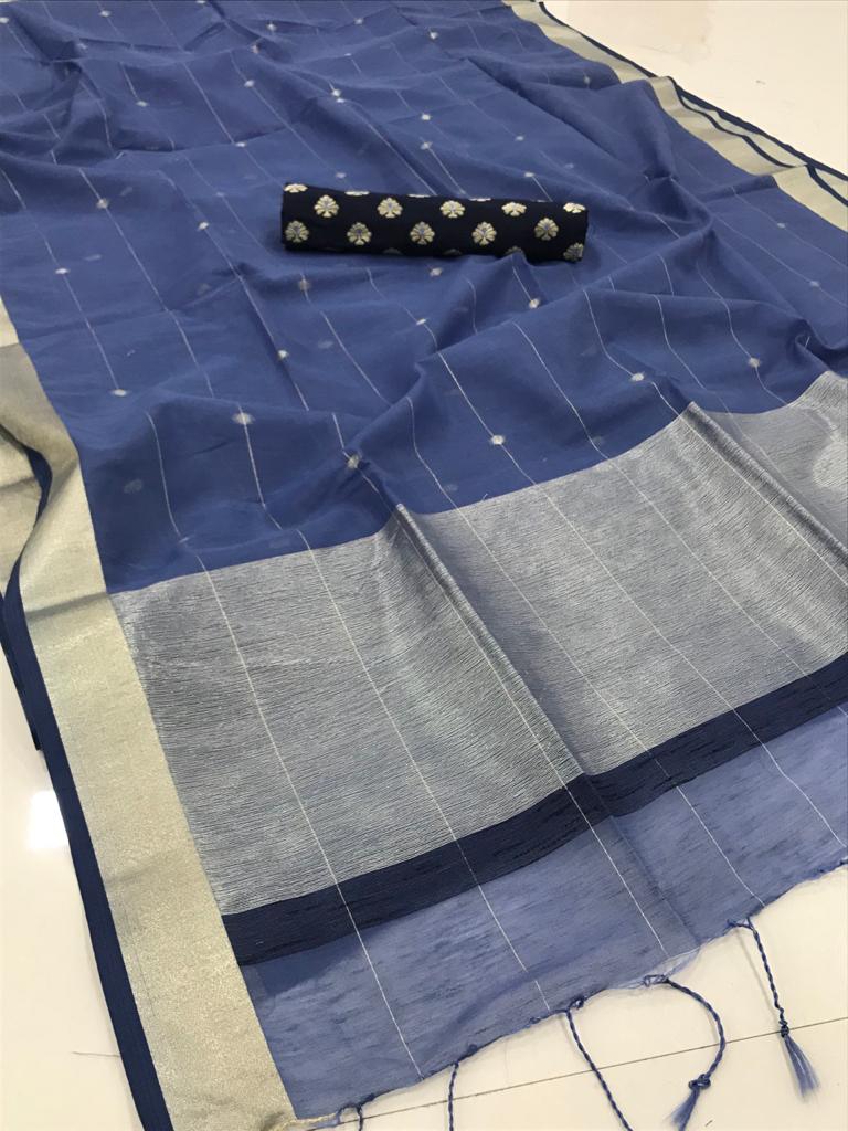Blue Linen Silk Saree With Silver Jari