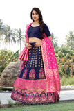 Pink And Dark Blue Colored Banarasi Brocade Lehenga