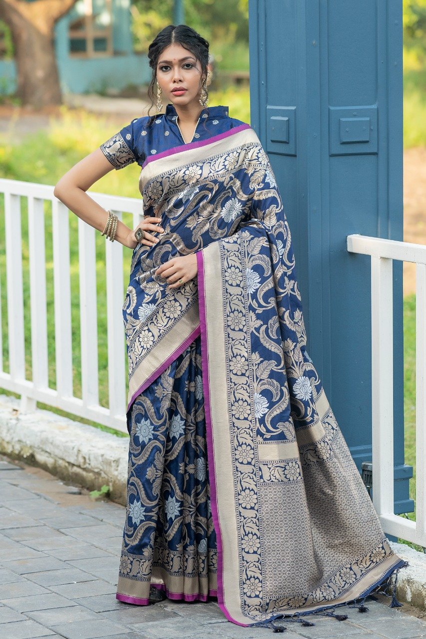 Buy Sky Blue Katan silk saree with zari border at Amazon.in