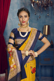 Yellow Designer Printed Soft Linen Jute Saree with Blue Border