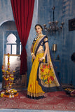 Yellow Designer Printed Soft Linen Jute Saree with Blue Border