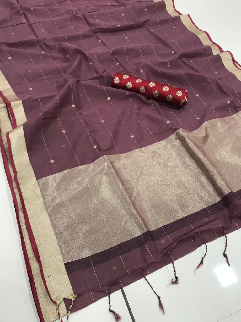 Linen Silk Saree With Woven Jari Border