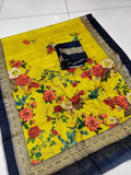 Yellow Designer Printed Soft Linen Jute Saree with Blue Border