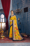 Yellow Designer Printed Soft Linen Jute Saree with Blue Border