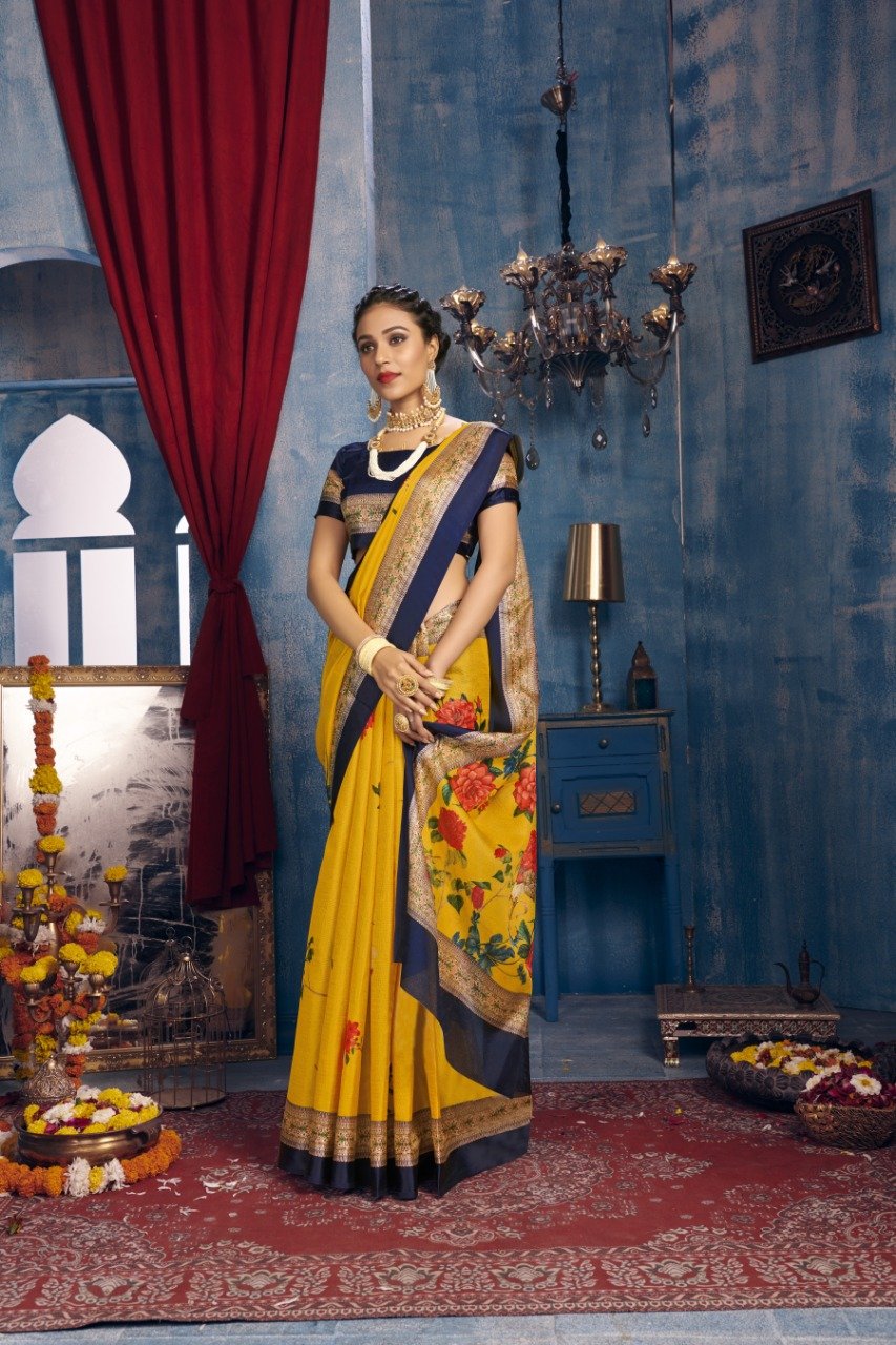 Light yellow saree with sky blue border - Sri Kumaran Stores