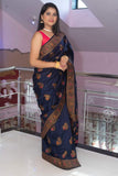 Stunning Blue Color Zari Woven All Over Worked Nylon Saree