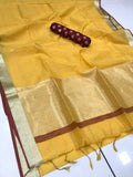 Yellow Colored Linen Saree With Jacquard Blouse