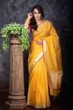 Yellow Colored Linen Saree With Jacquard Blouse