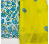 Yellow Pure Linen saree With Blue Flower Printed Blouse