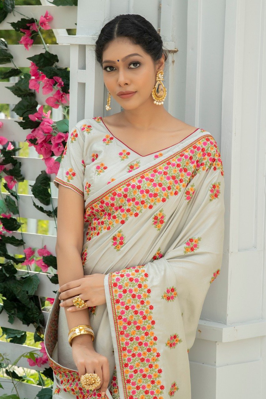 Dust White Floral Embroidery Work Georgette Saree