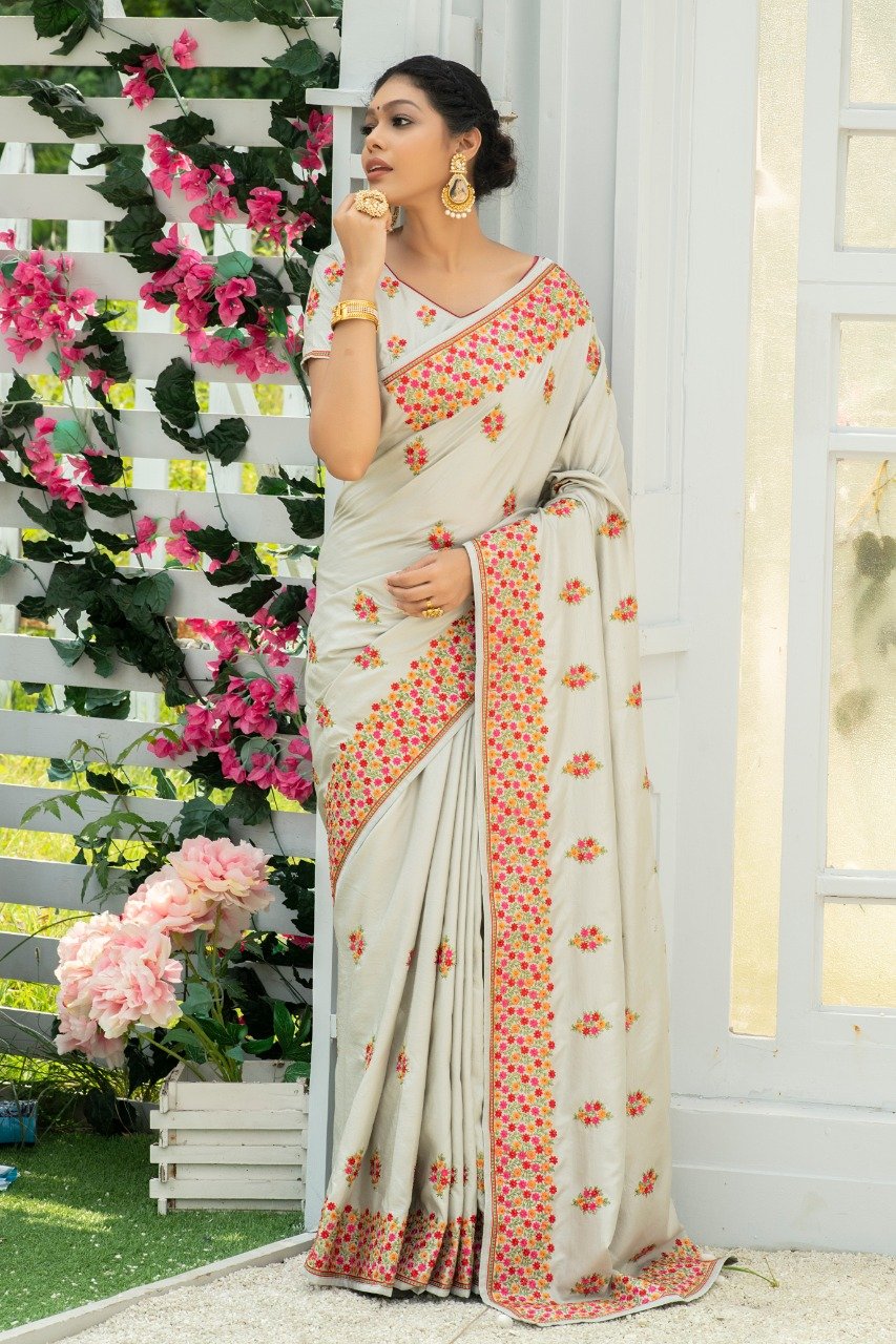 Dust White Floral Embroidery Work Georgette Saree