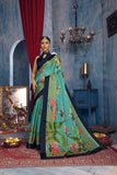 Green Digital Printed Linen Jute Satan Saree