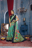 Green Digital Printed Linen Jute Satan Saree